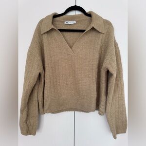 Zara Tan V-Neck Sweater Knit Oversized